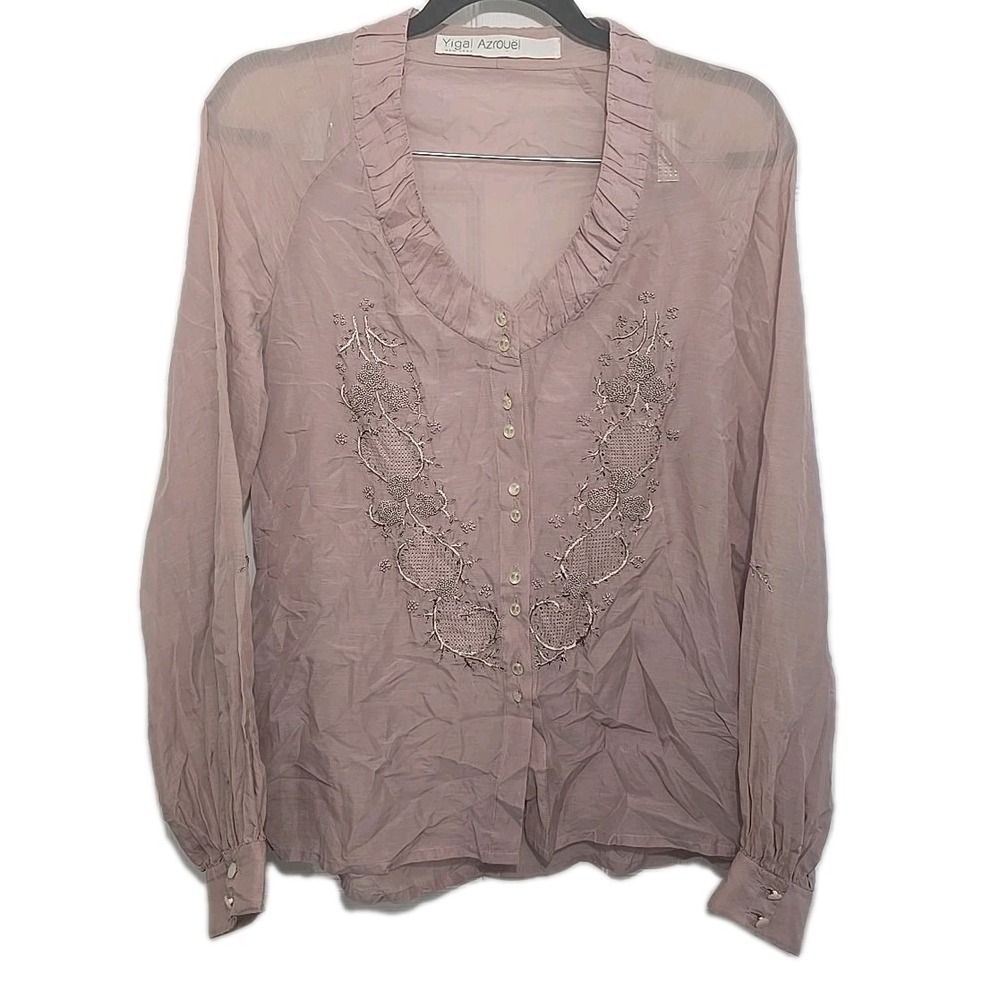 Yigal Azrouel Pink Embroidered Silk Blend Sheer Button Up‎ Top Sz 8 Made In US